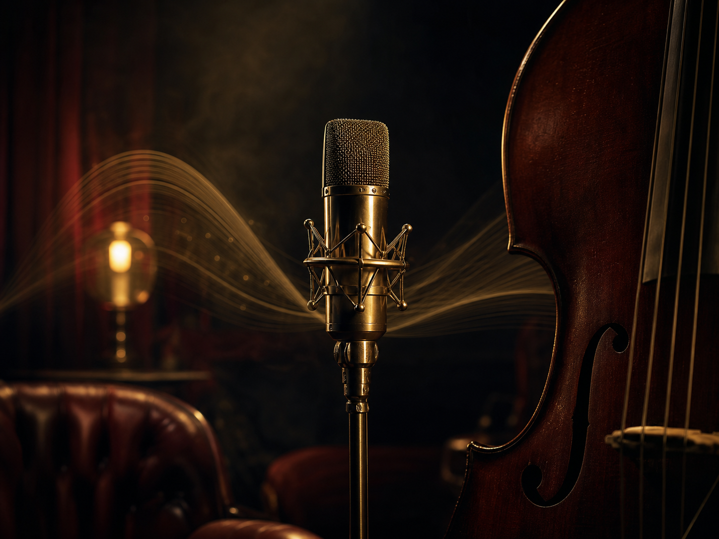 Micrófono e instrumento en un estudio musical oscuro