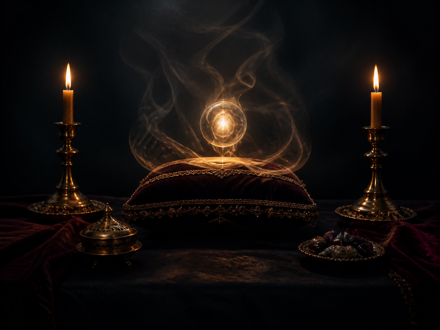 Ambiente cinematográfico de mediumnidad con velas y energía espiritual