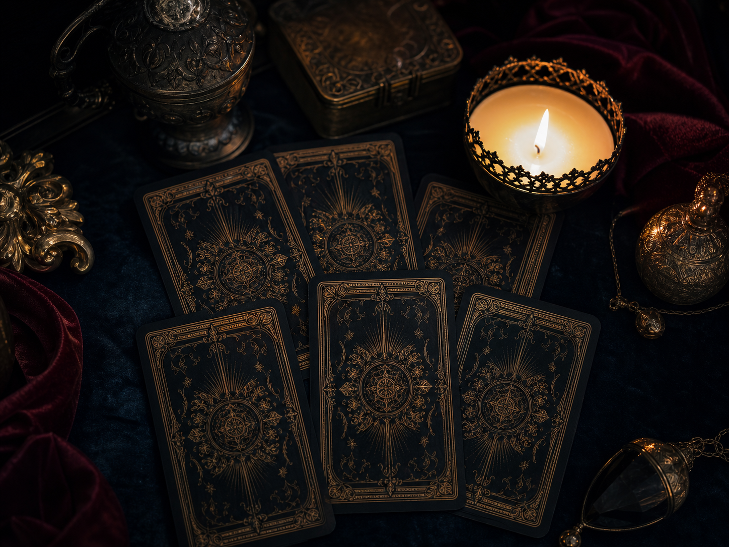 Mesa de tarot con cartas y una vela