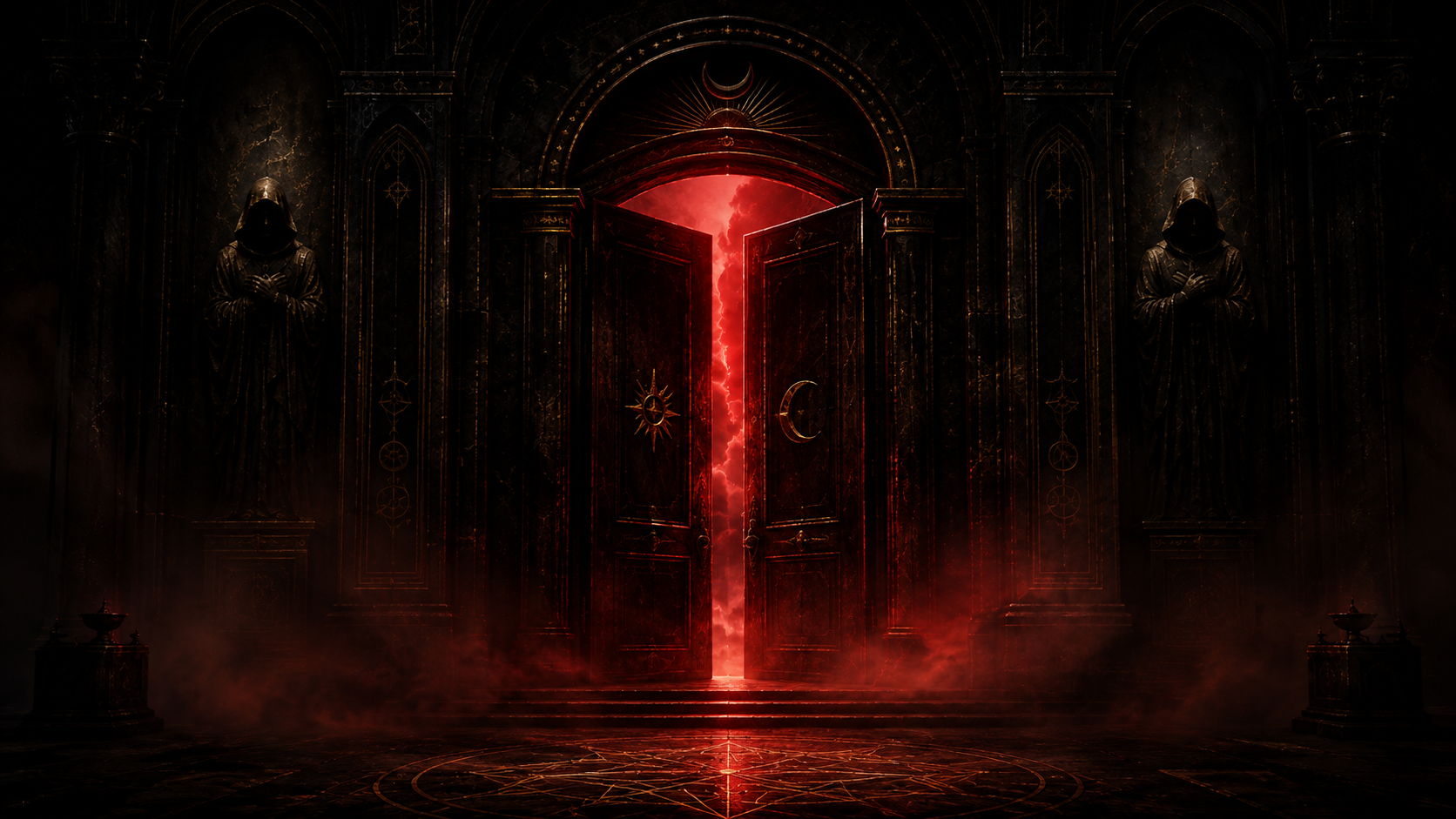 Puerta de Misterio XII entreabierta con luz roja
