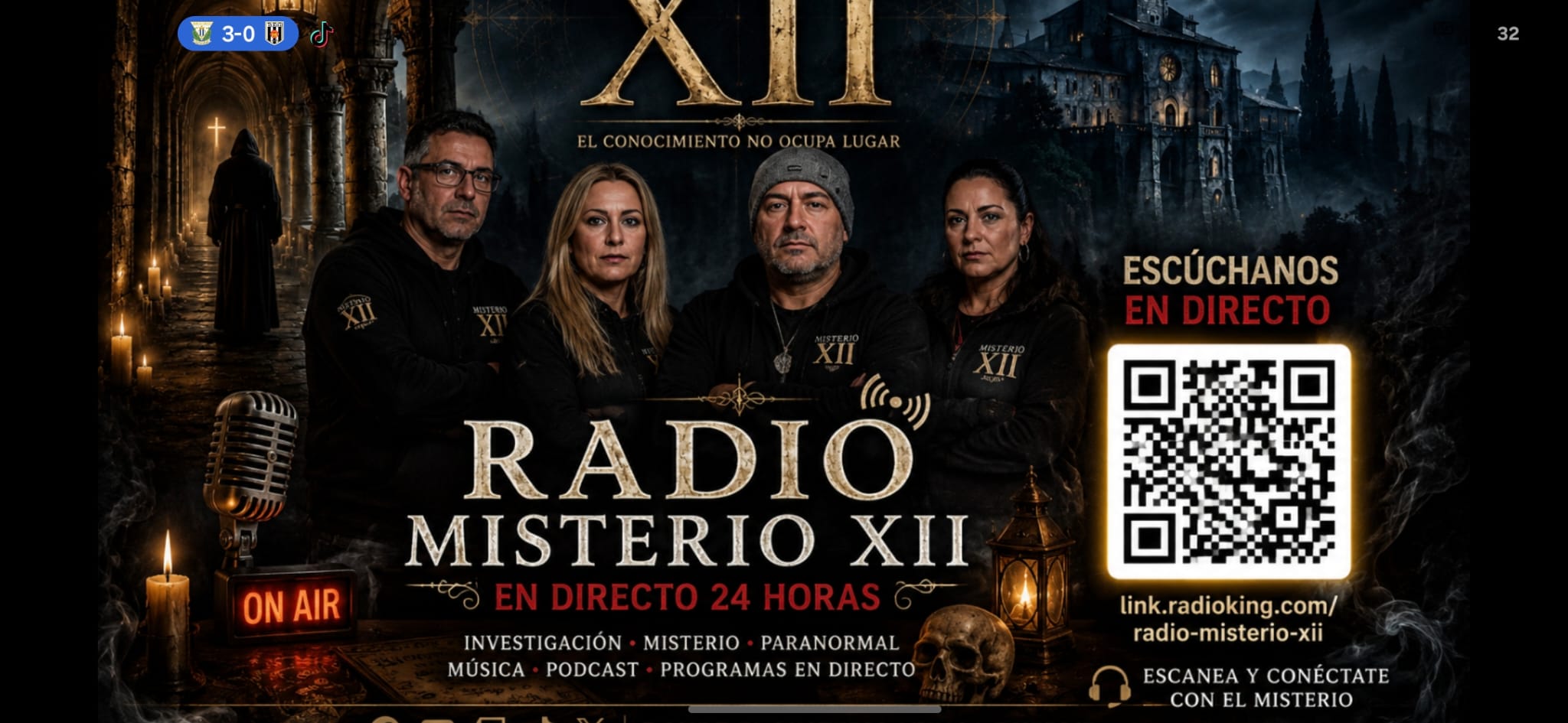 Cartel oficial de Radio Misterio XII con código QR para escuchar la emisión