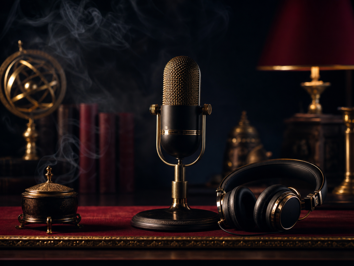 Micrófono de estudio con auriculares y luz dorada