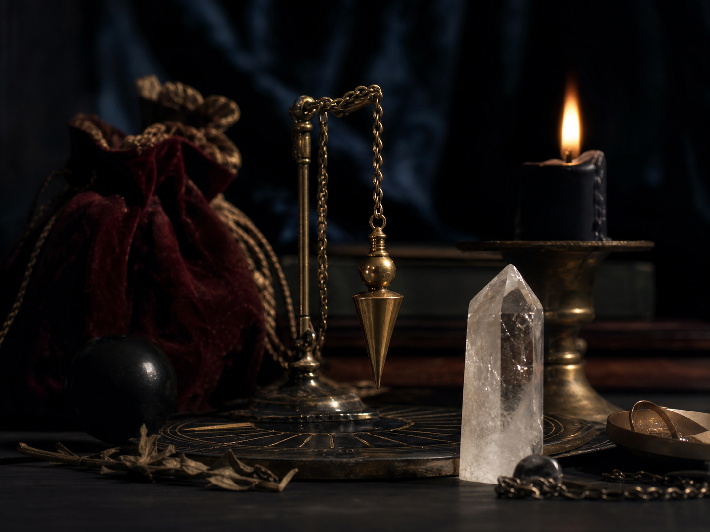 Mesa de consulta espiritual con péndulo, cristal y vela